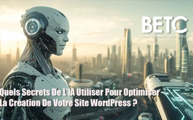 Silhouette de robot IA futuriste symbolisant l’optimisation WordPress par intelligence artificielle