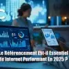 Graphiques SEO et analytics sur ordinateur et mobile illustrant un référencement performant