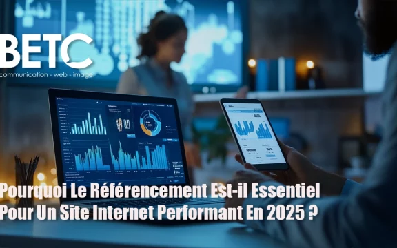 Graphiques SEO et analytics sur ordinateur et mobile illustrant un référencement performant