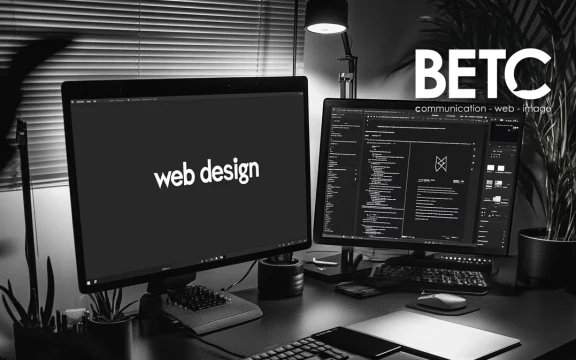 Espace de travail moderne avec écrans affichant conception web et développement de site internet