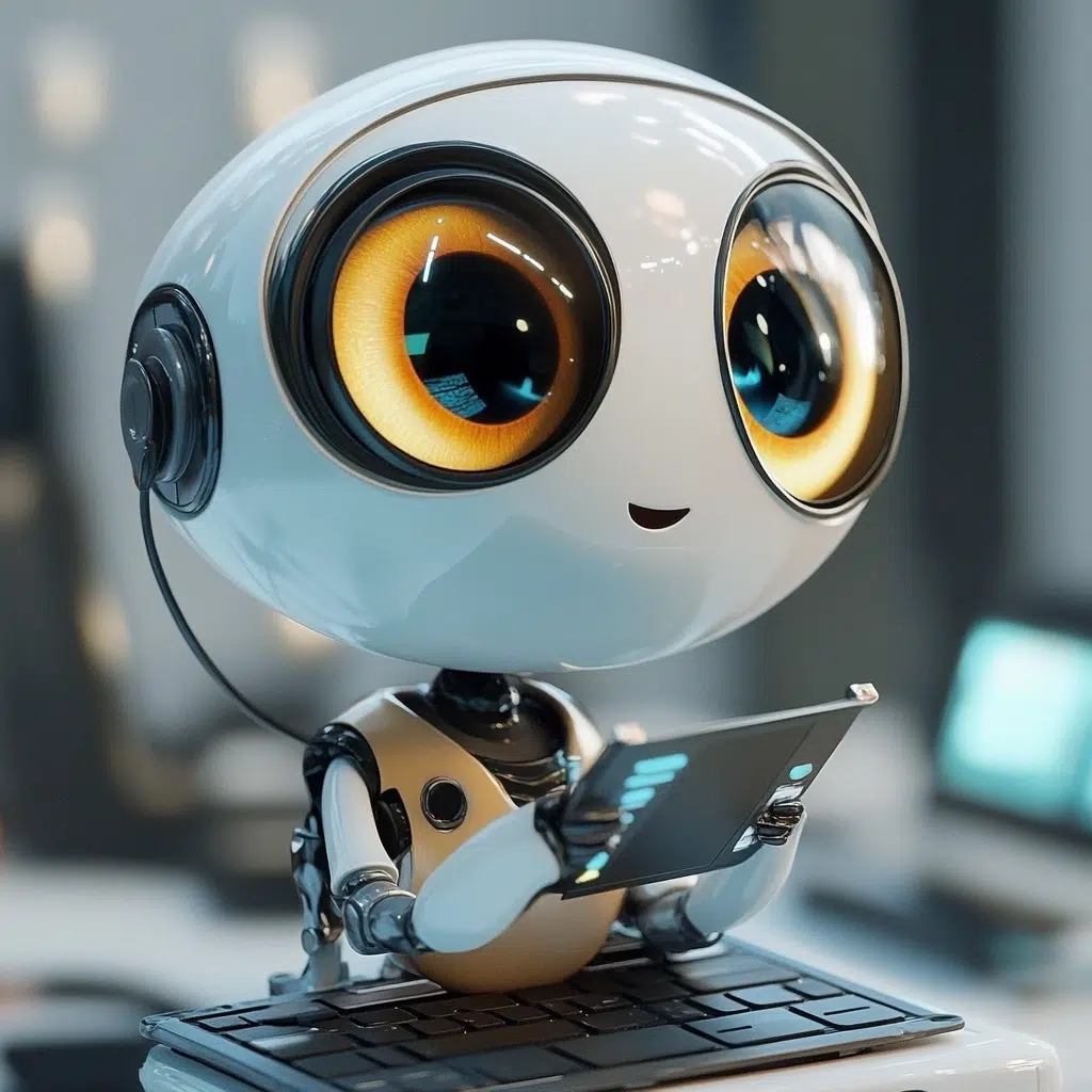 Robot IA sympathique travaillant sur ordinateur - L'intelligence artificielle complète l'humain - BETC agence digitale Grand Est équipe experte