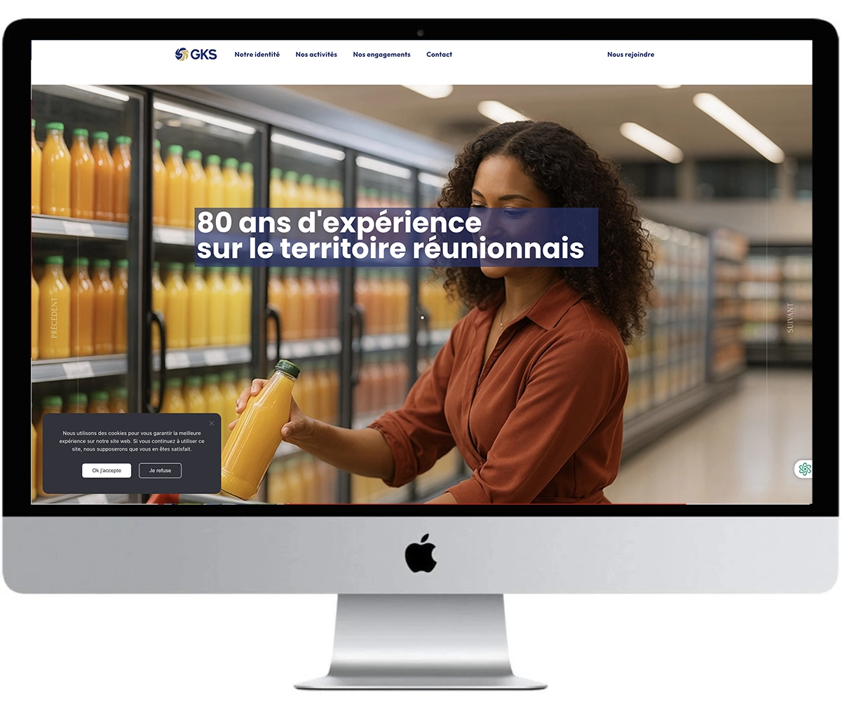 Mockup iMac présentant le site web GKS Distribution avec une femme tenant une bouteille de jus d'orange dans un supermarché